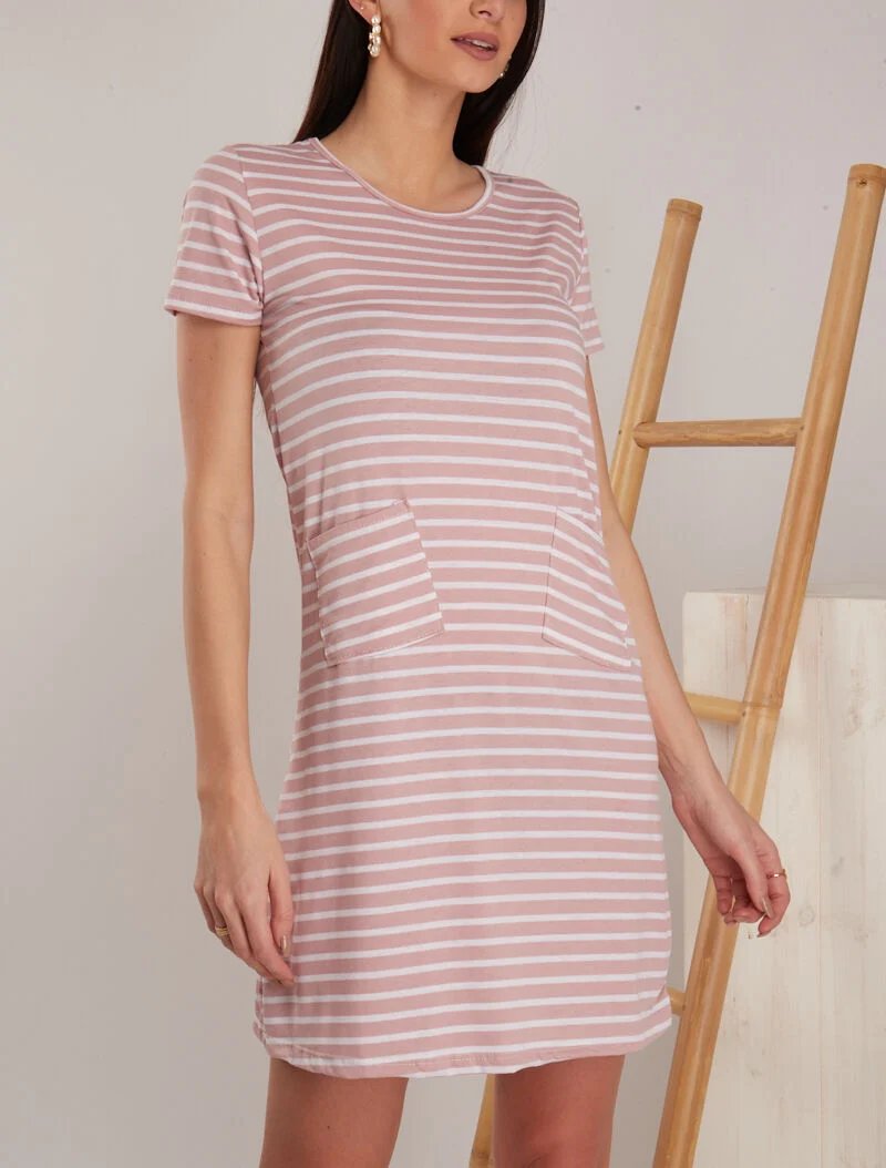 Gestreiftes T-Shirt-Kleid - Rose
