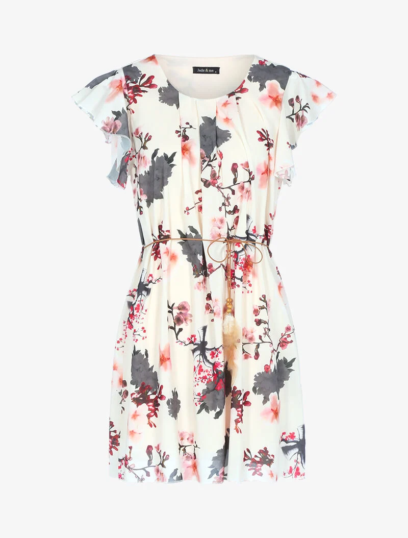 A-Linien-Kleid mit Blumenmuster - beige