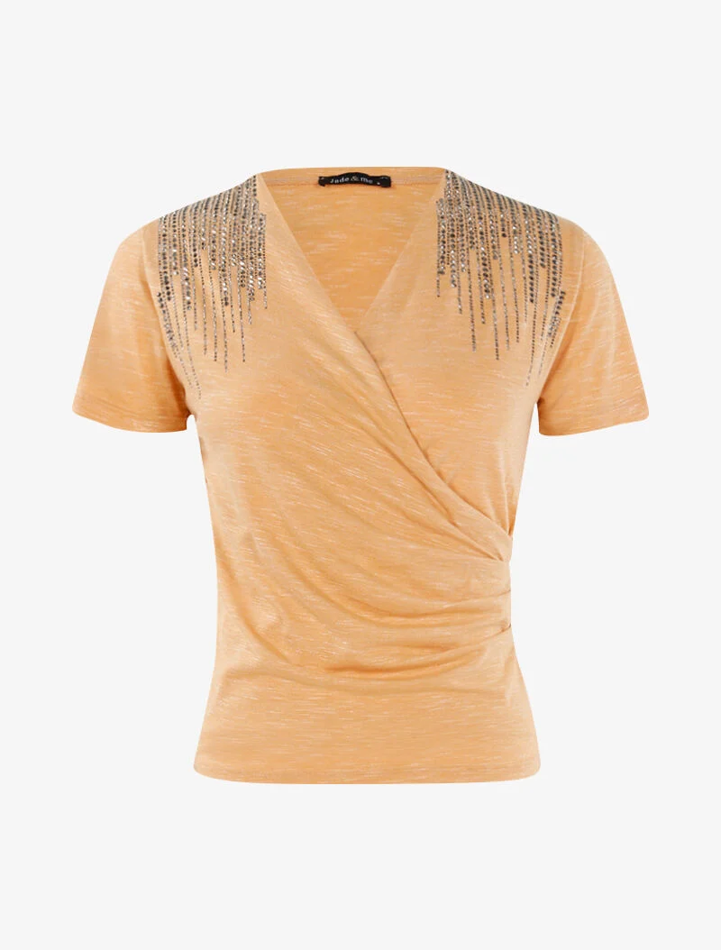 Chiné-Top mit Strass-Schultern - blasses Orange - Orange