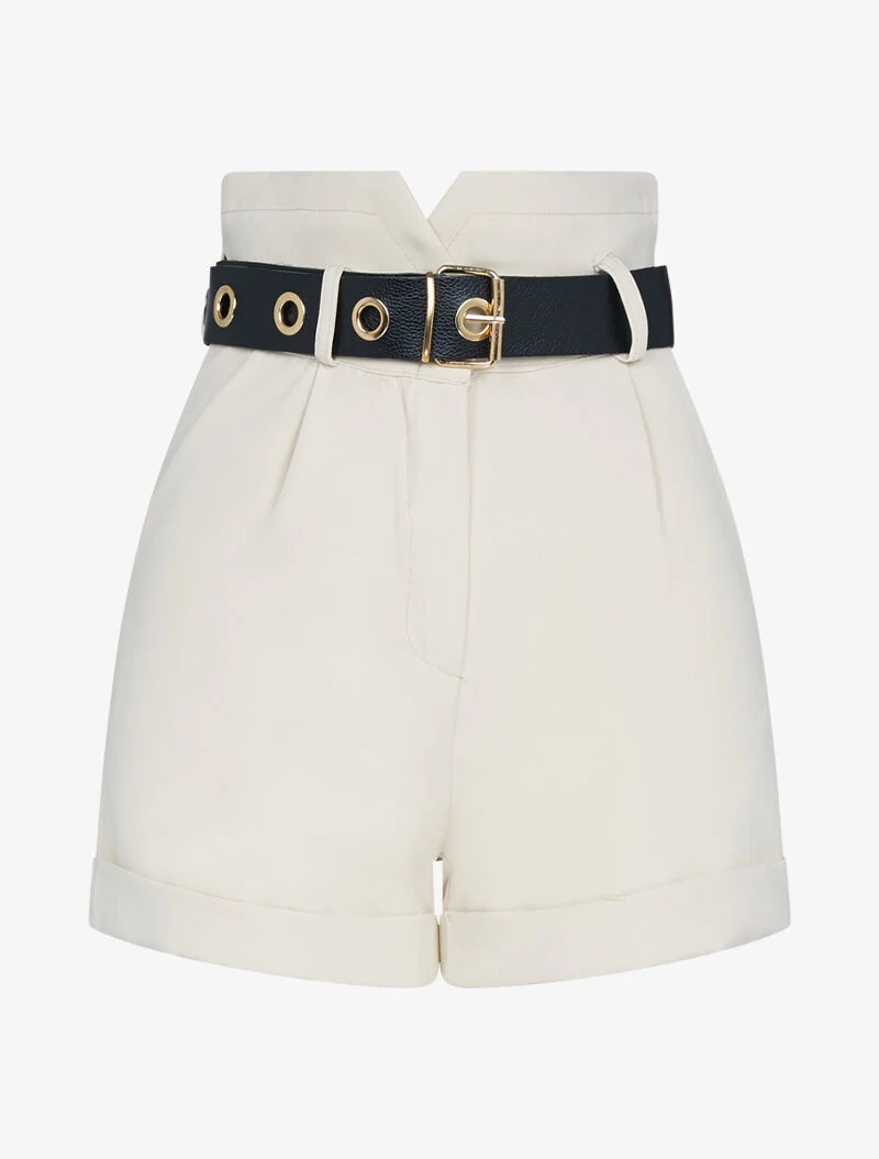 Taillenhose mit hohem Bund und Gürtel - beige