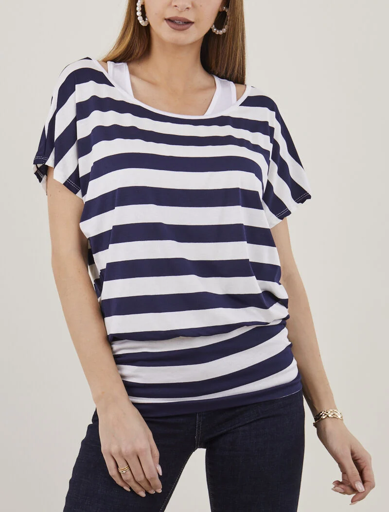 Gestreiftes Top mit integriertem Tanktop - Marine