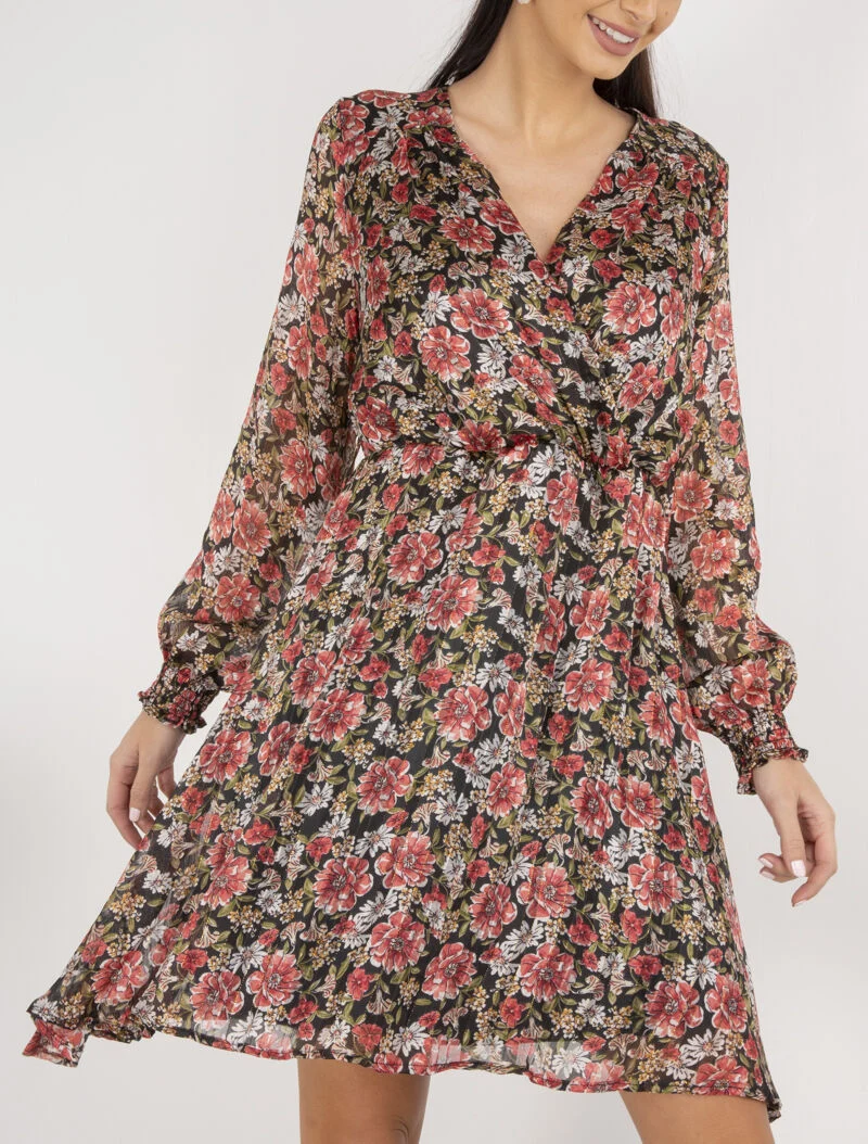 Gestreiftes Kleid mit irisierenden Streifen und Blumen - schwarz