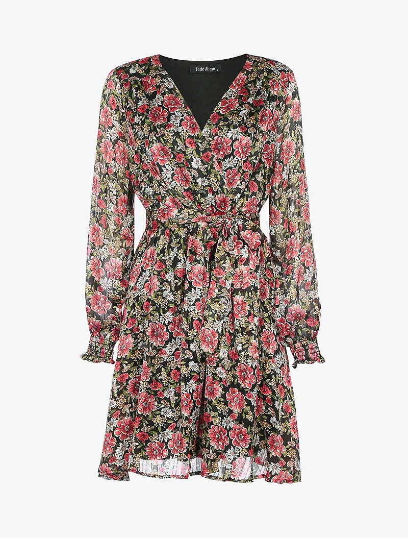 Gestreiftes Kleid mit irisierenden Streifen und Blumen - schwarz