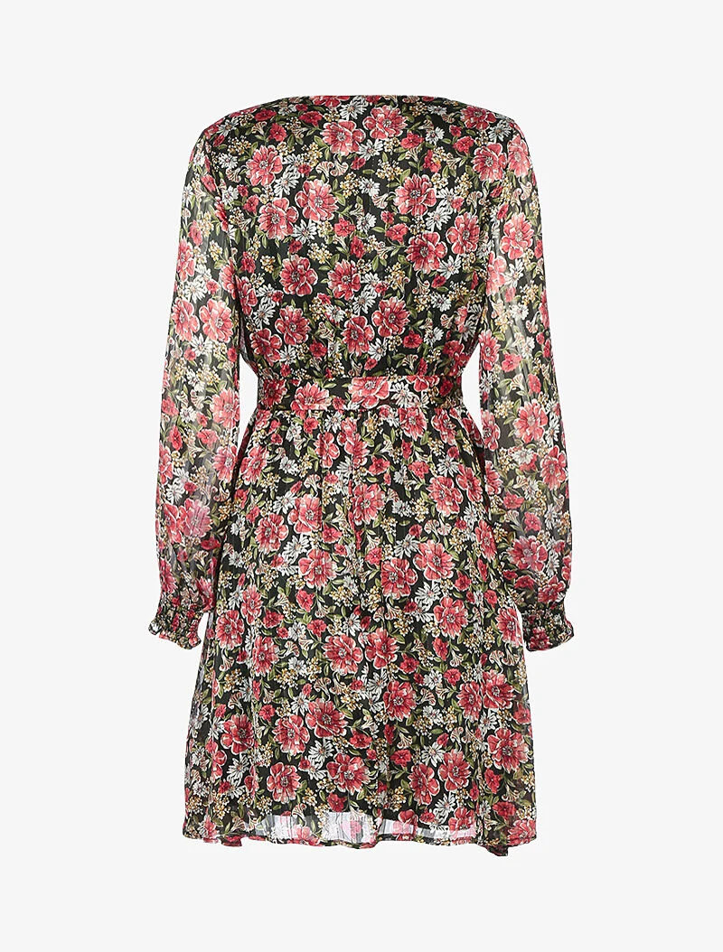 Gestreiftes Kleid mit irisierenden Streifen und Blumen - schwarz