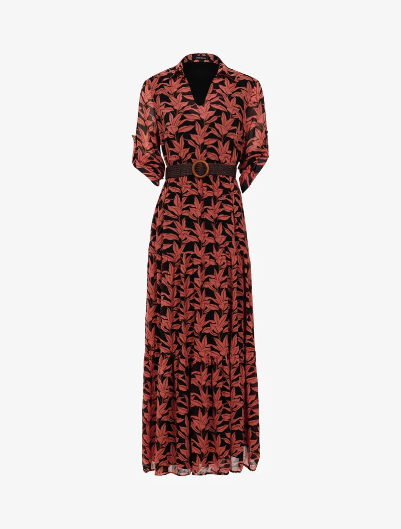 Langes Kleid mit Blätterdruck - schwarz
