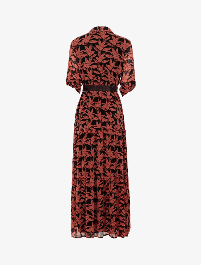 Langes Kleid mit Blätterdruck - schwarz