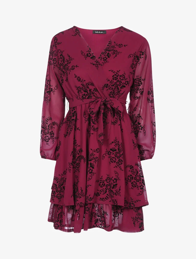 Skaterkleid mit Samteffekt und grafischen Blumen - Bordeaux