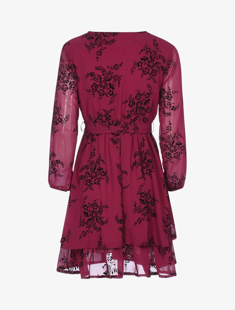 Skaterkleid mit Samteffekt und grafischen Blumen - Bordeaux