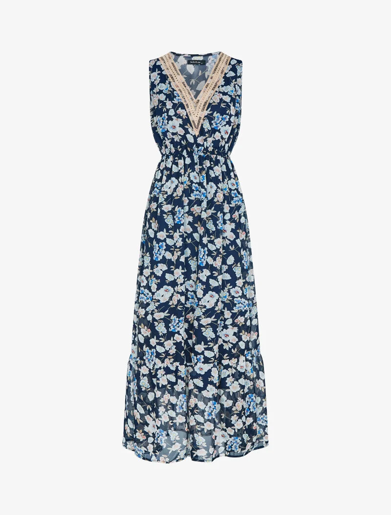 Gehäkeltes Kleid mit Blumendruck und V-Ausschnitt - Marine