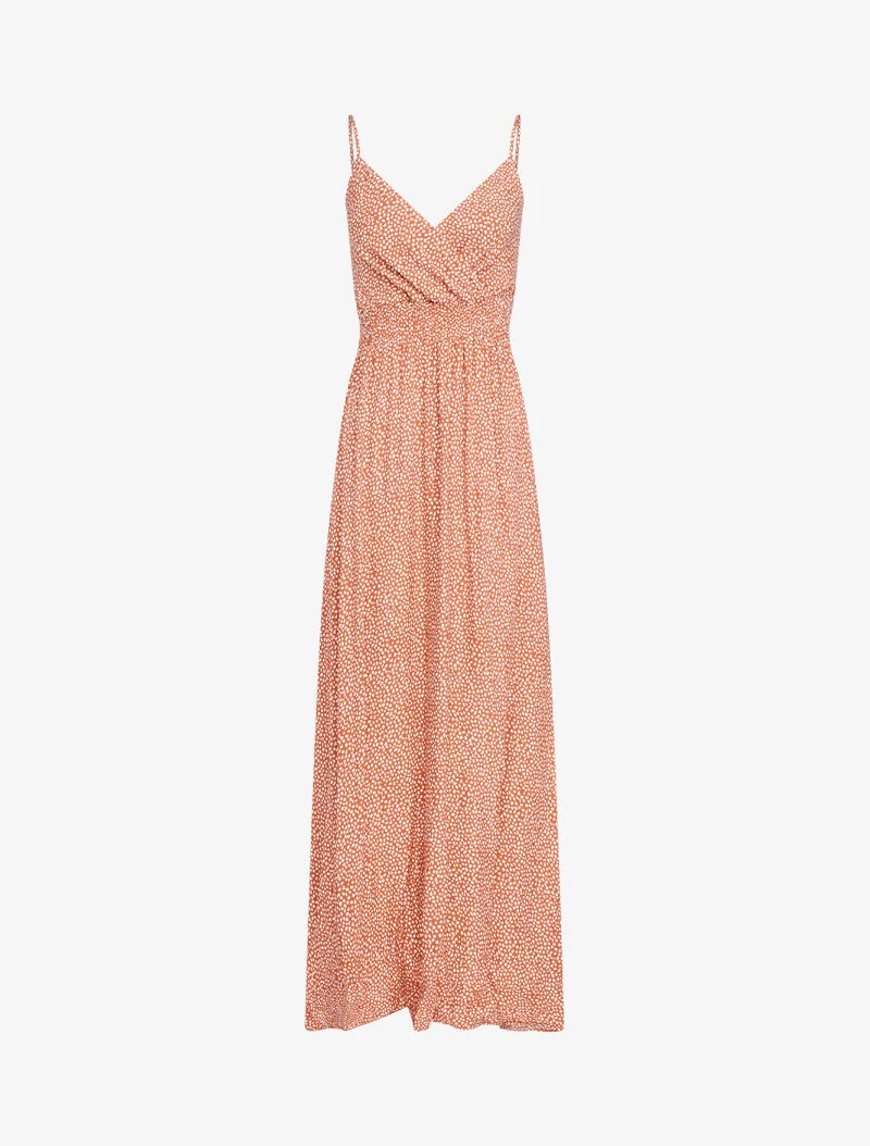 Langes Kleid mit Blätterdruck - Ocker