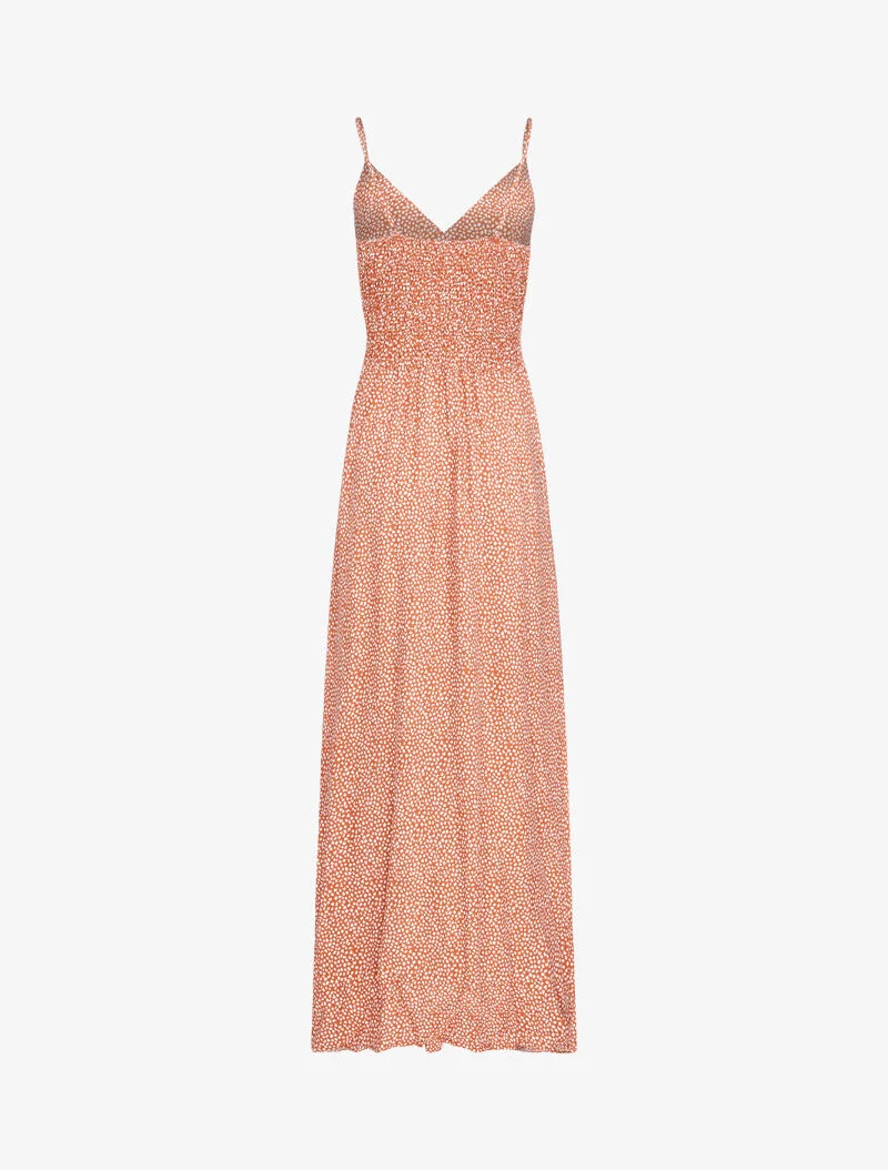 Langes Kleid mit Blätterdruck - Ocker