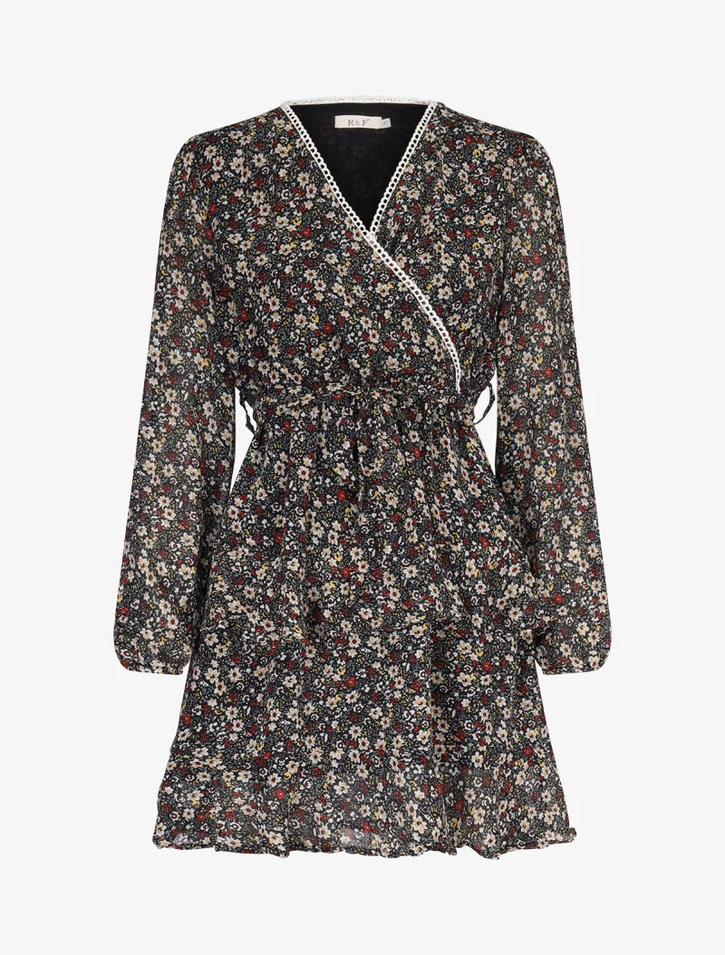 Kurzes Kleid mit übereinanderliegenden Rüschen und Blumenmuster. - schwarz