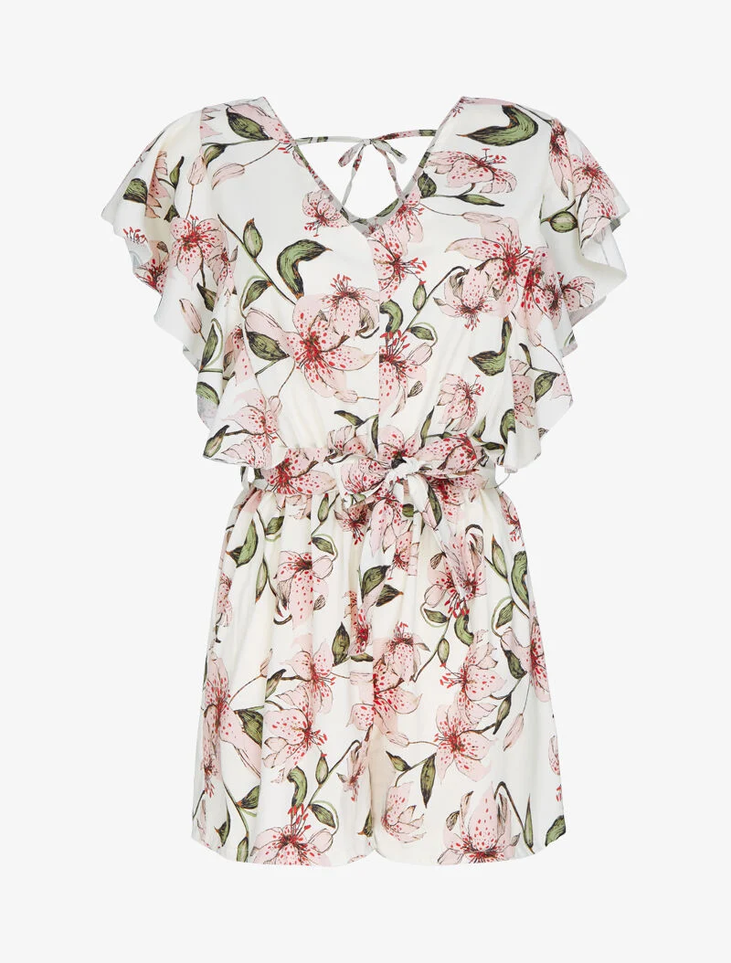 Rüschen-Jumpsuit mit Druck. - Ecru