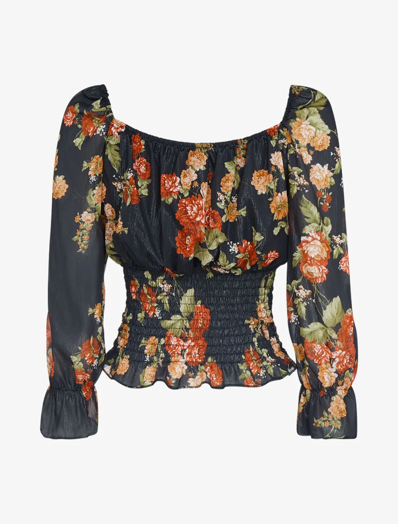 Irisierendes Crop-Top mit Blumenmuster - schwarz