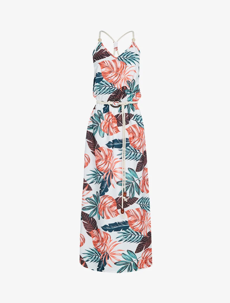 Langes Kleid mit tropischem Print - weiß