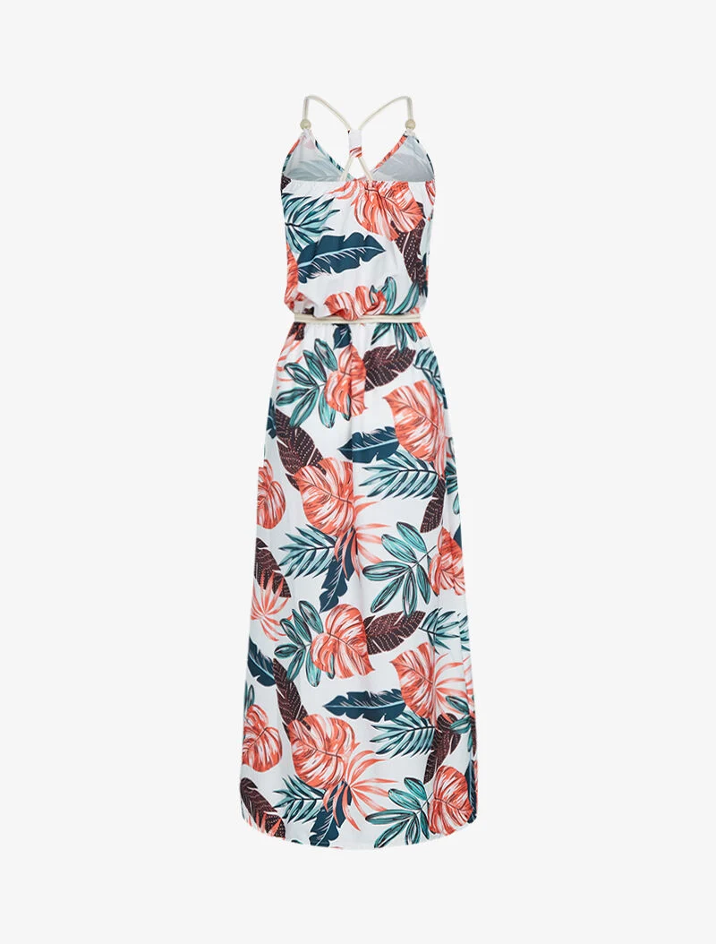 Langes Kleid mit tropischem Print - weiß
