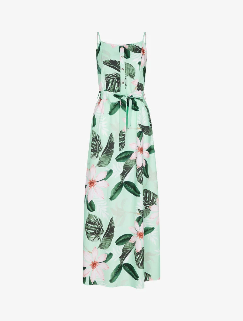 Gürtelkleid mit Blumenmuster - Wassergrün