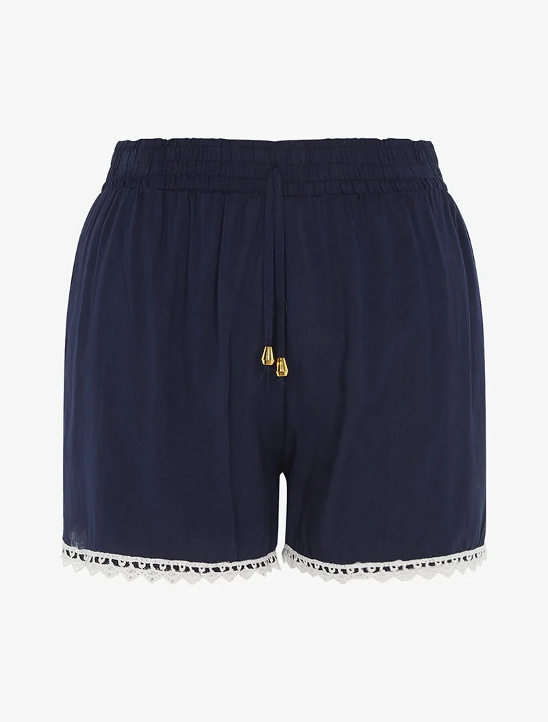 Einfarbige Shorts mit Häkelsaum - Marine