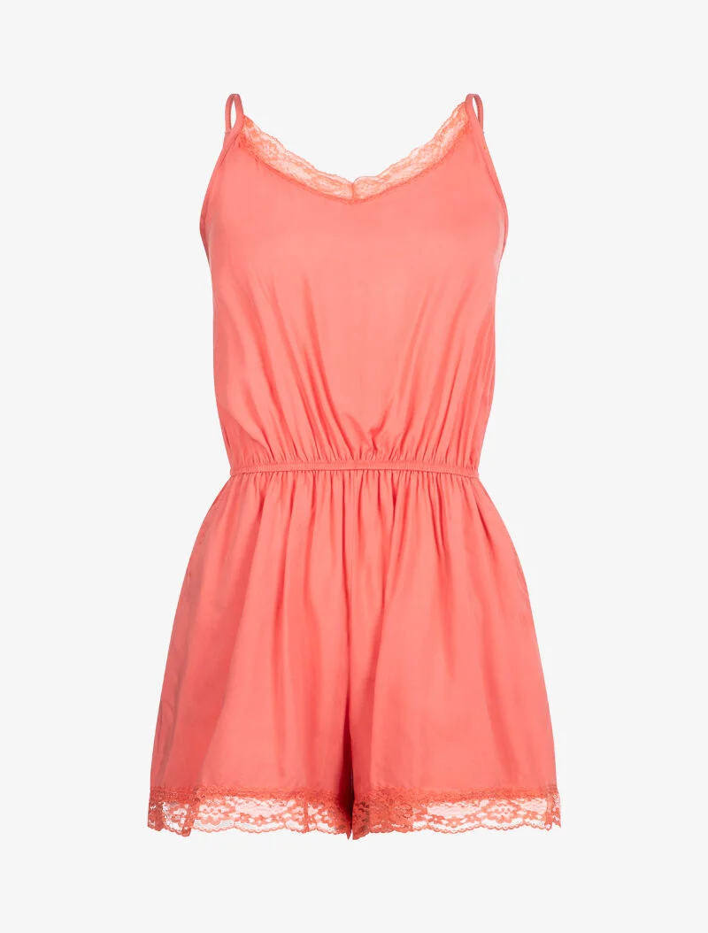 Einfarbiger Jumpsuit mit Spitzenkanten - Koralle