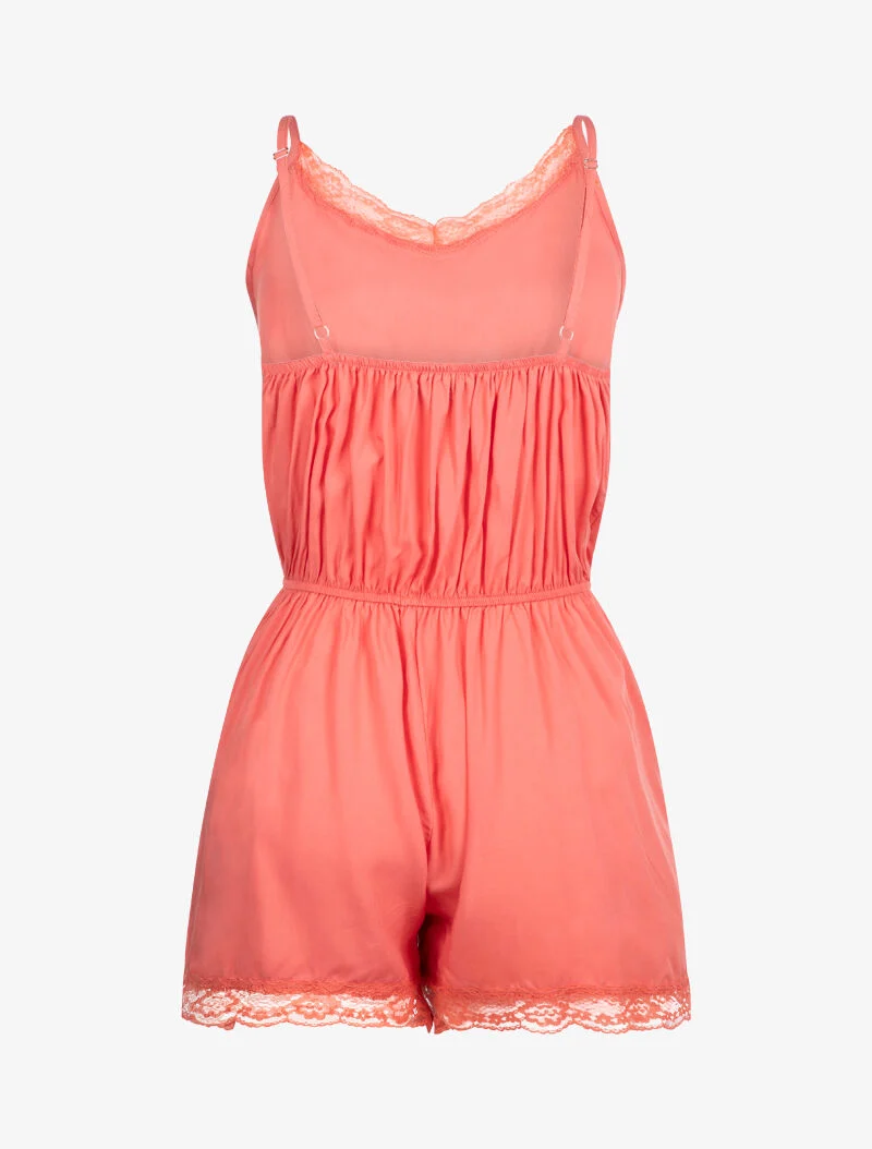 Einfarbiger Jumpsuit mit Spitzenkanten - Koralle