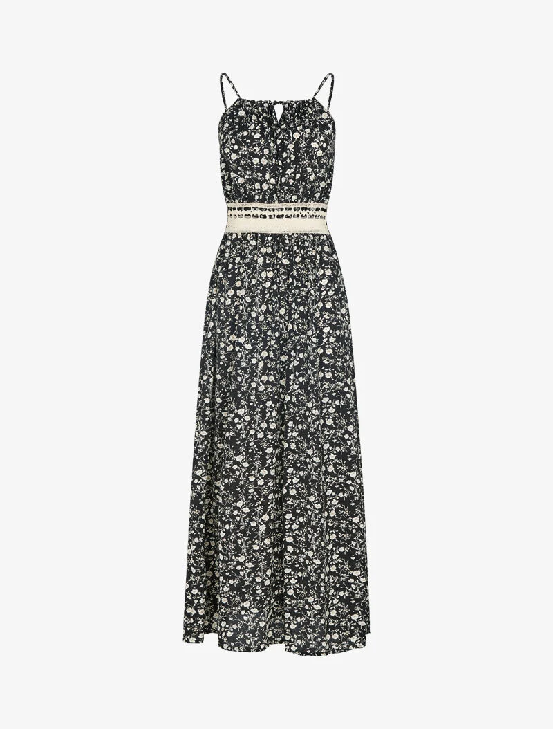 Kleid mit Blumenmuster und Häkelarbeit - schwarz