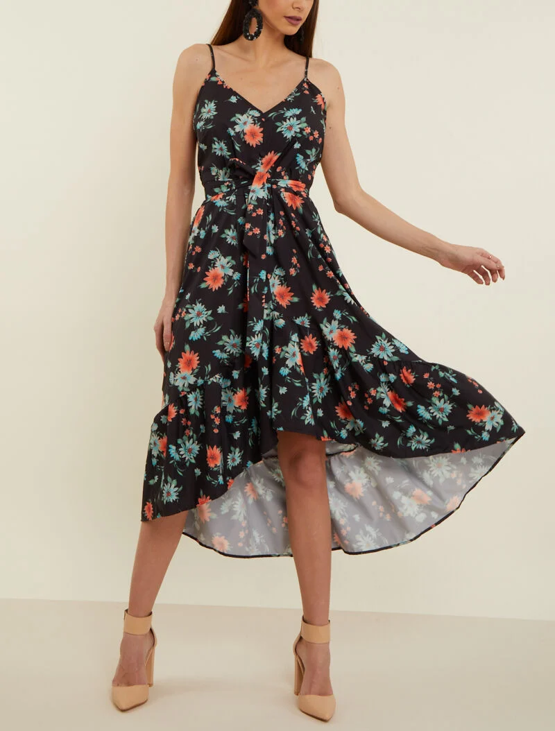 Asymmetrisches Kleid mit Drucken - schwarz