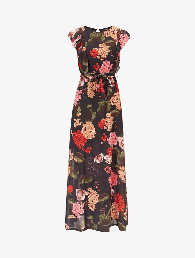 Geblümtes Kleid mit Rüschenoberteil - schwarz