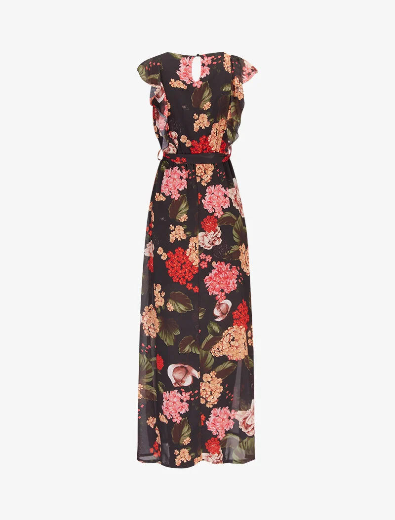 Geblümtes Kleid mit Rüschenoberteil - schwarz