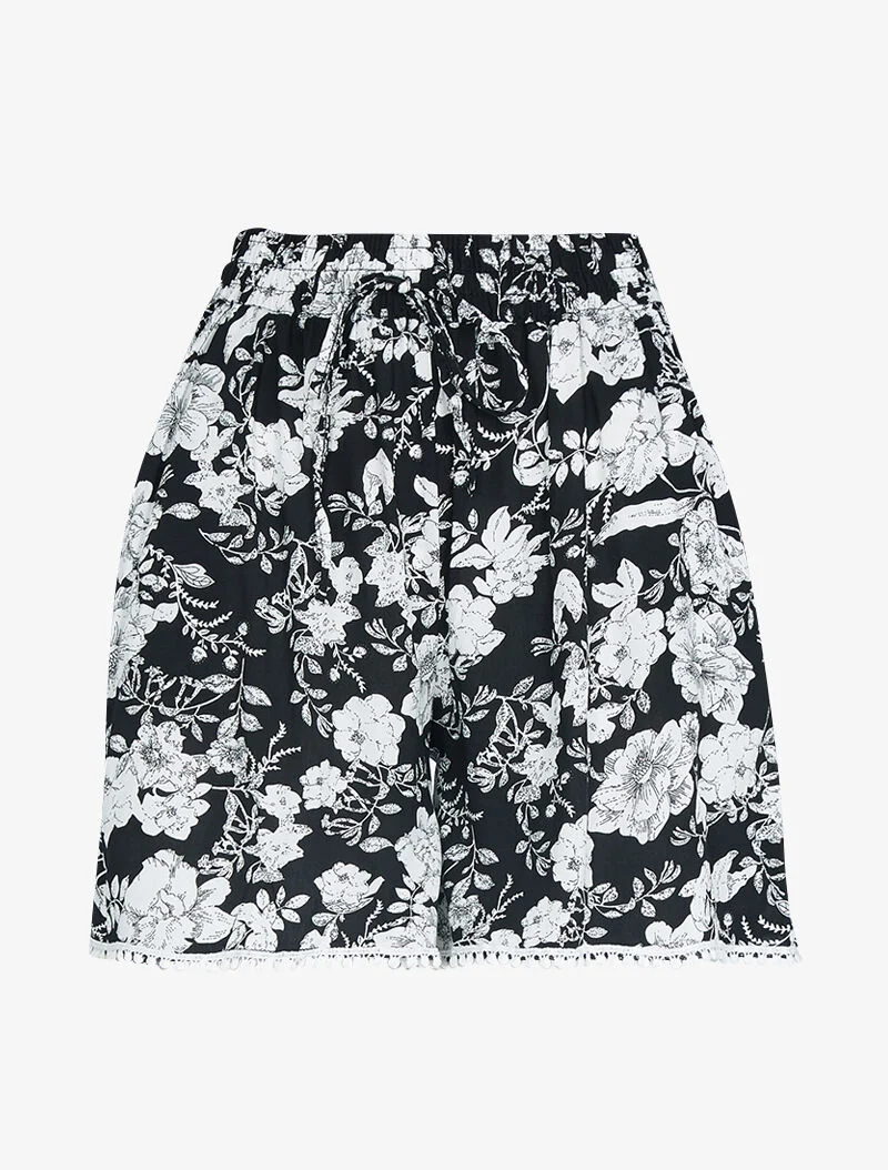 Weit geschnittene Shorts mit Blumenmuster - schwarz