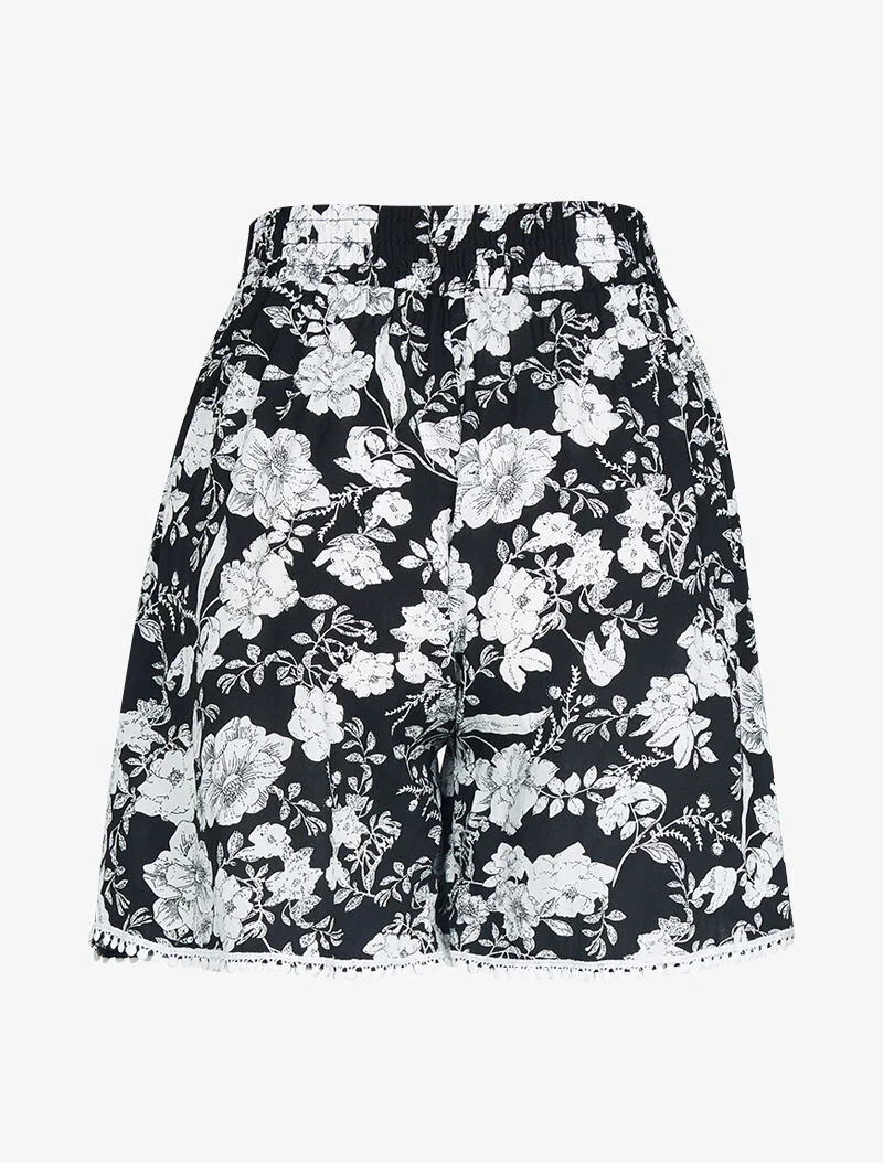 Weit geschnittene Shorts mit Blumenmuster - schwarz