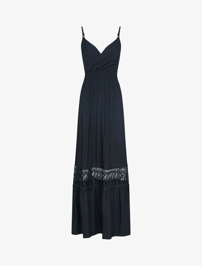 Kleid mit grafischem Häkelstreifen - schwarz