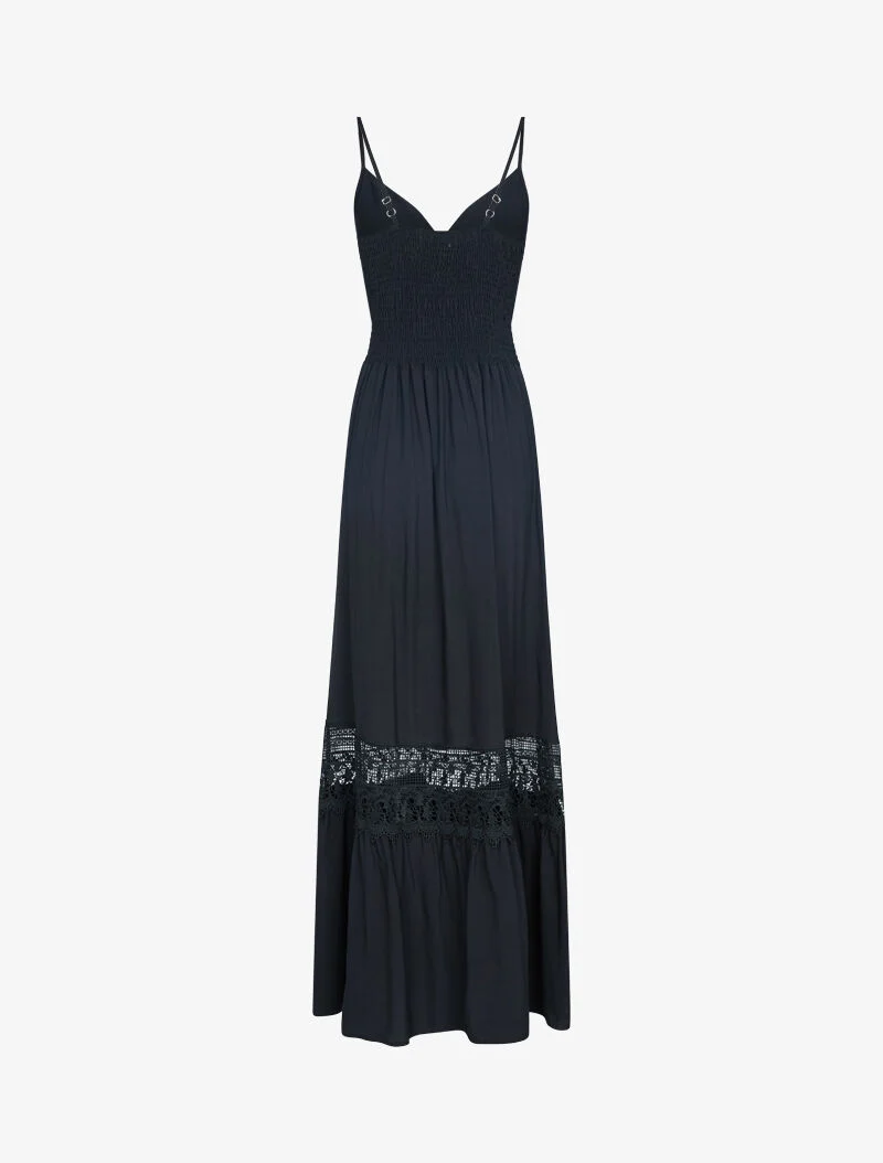 Kleid mit grafischem Häkelstreifen - schwarz