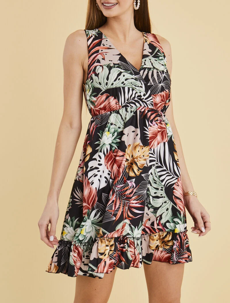 Wickelkleid mit Druck und Volants - schwarz