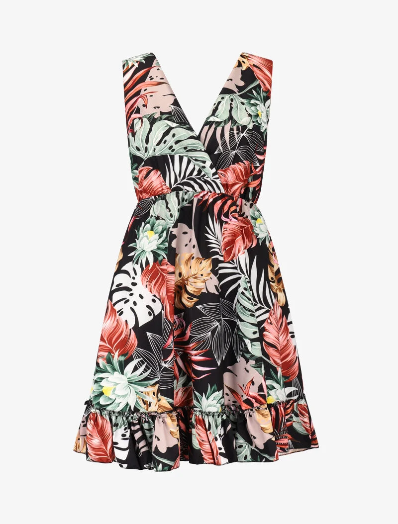 Wickelkleid mit Druck und Volants - schwarz