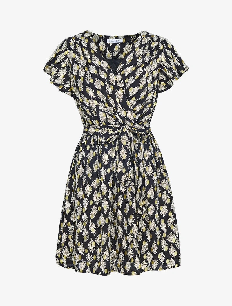 Kleid mit grafischem Blätterdruck und schimmernden Details - schwarz