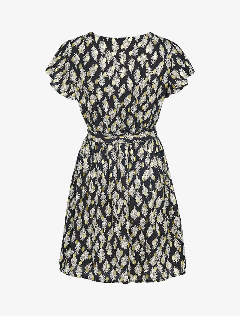 Kleid mit grafischem Blätterdruck und schimmernden Details - schwarz
