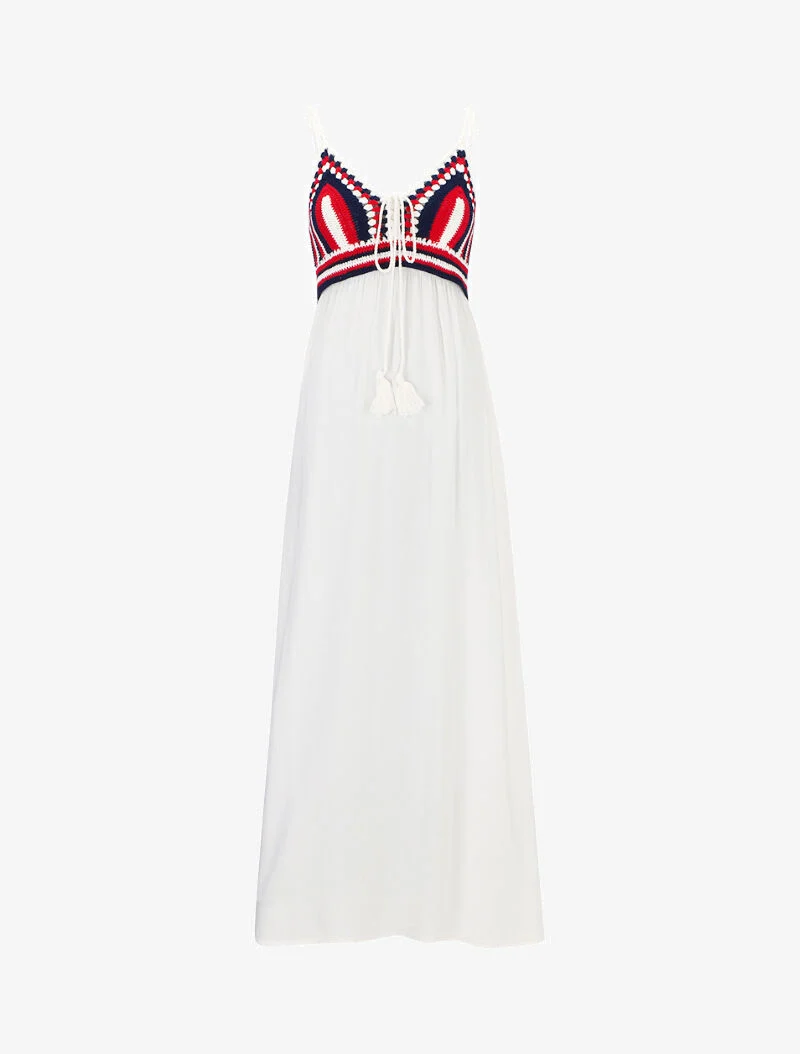 Langes Kleid mit mehrfarbigem Häkeloberteil - Ecru