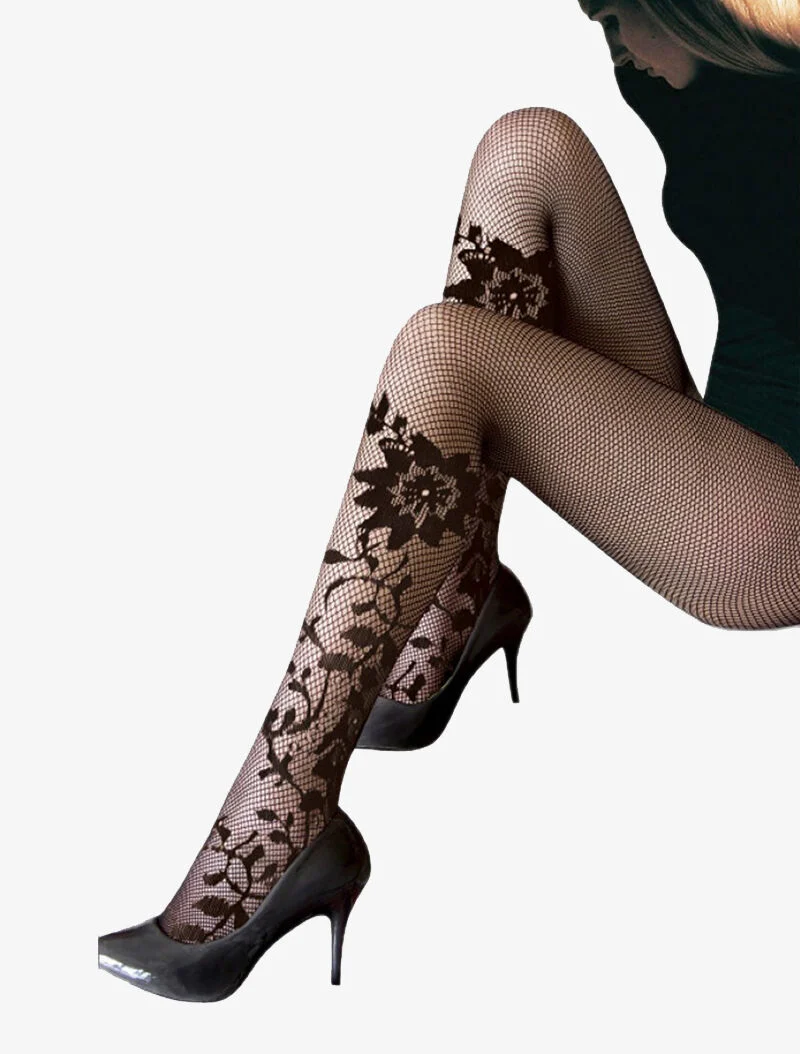 Netzstrumpfhose mit Blumenmuster - schwarz