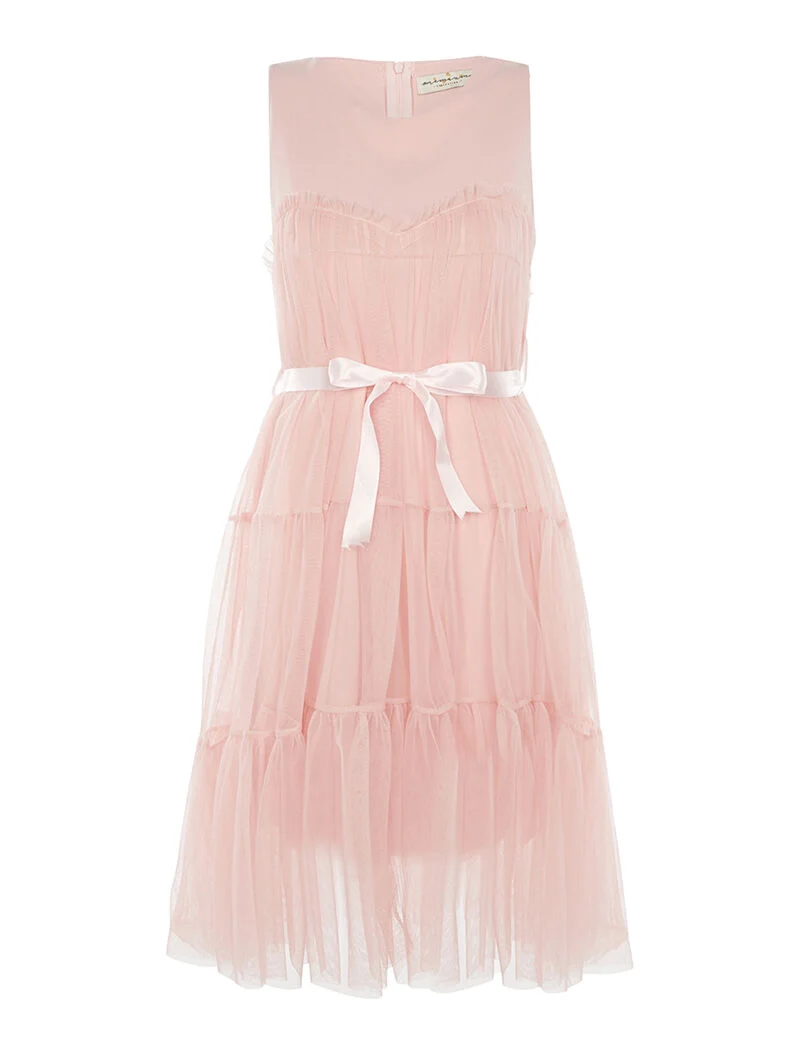Langes einfarbiges Kleid mit gefüttertem Voile und Gürtel. - Rose