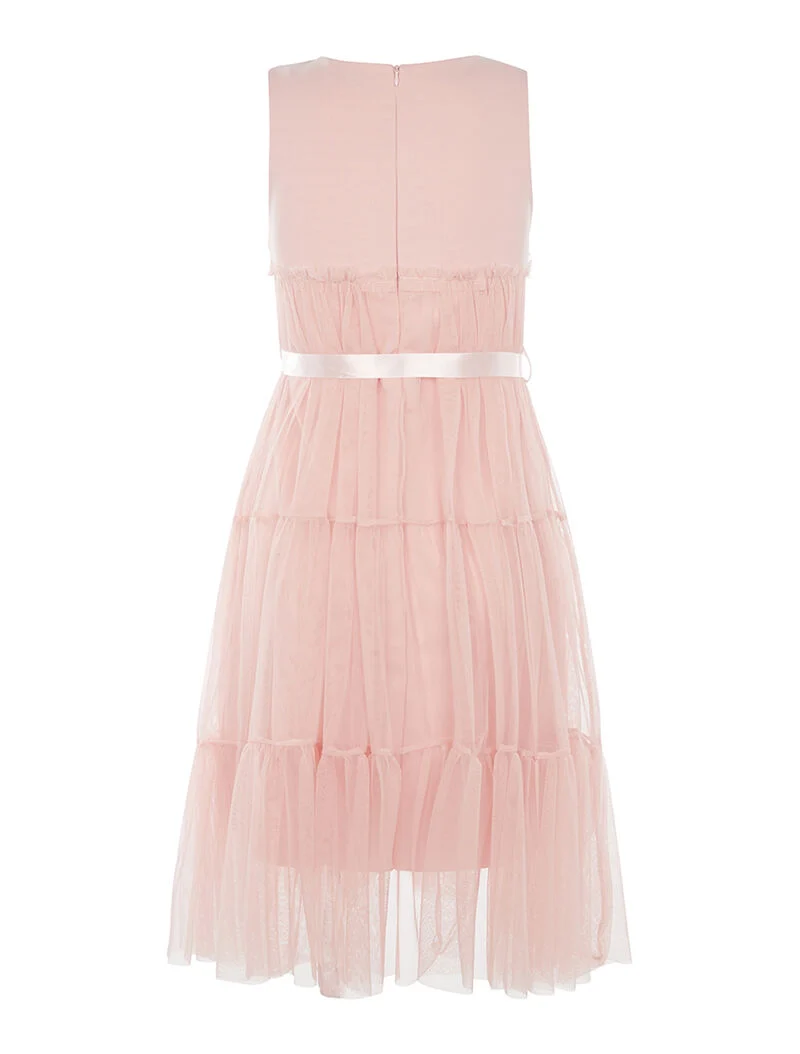 Langes einfarbiges Kleid mit gefüttertem Voile und Gürtel. - Rose