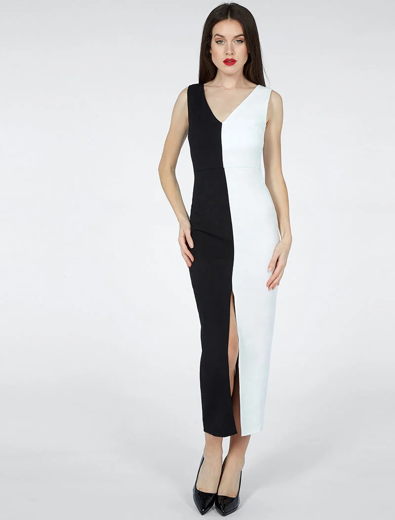 Zweifarbiges, tailliertes Kleid - Weiß und Schwarz