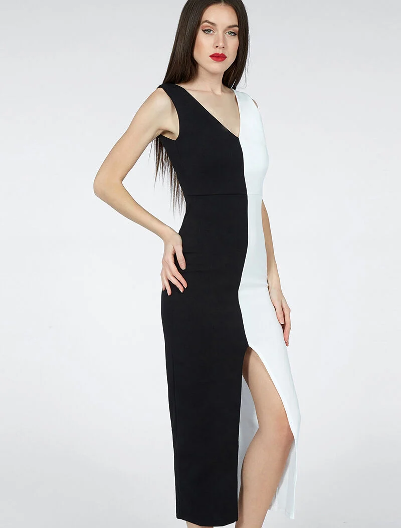 Zweifarbiges, tailliertes Kleid - Weiß und Schwarz