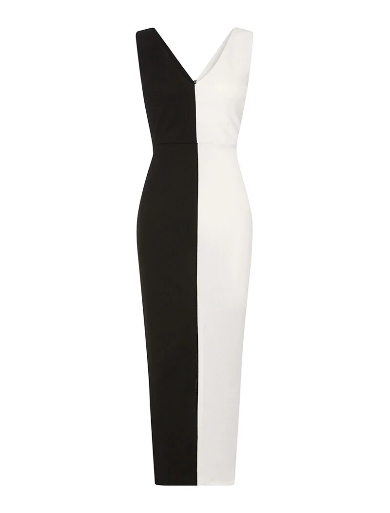 Zweifarbiges, tailliertes Kleid - Weiß und Schwarz