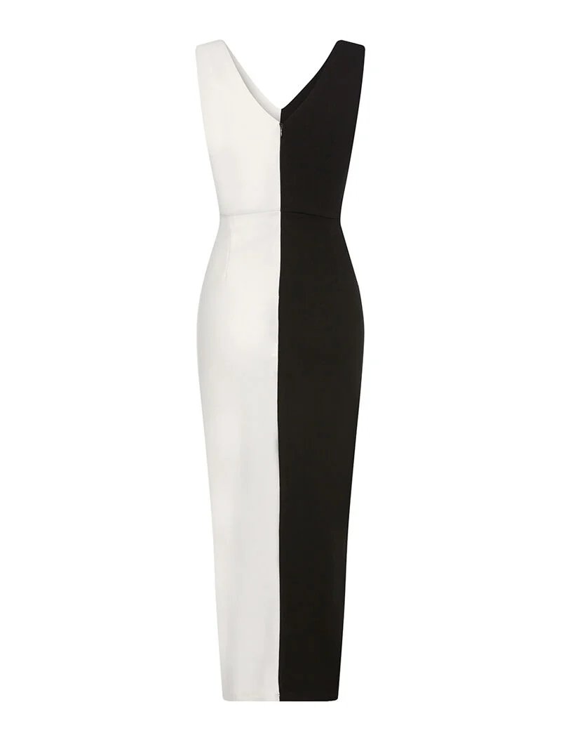 Zweifarbiges, tailliertes Kleid - Weiß und Schwarz