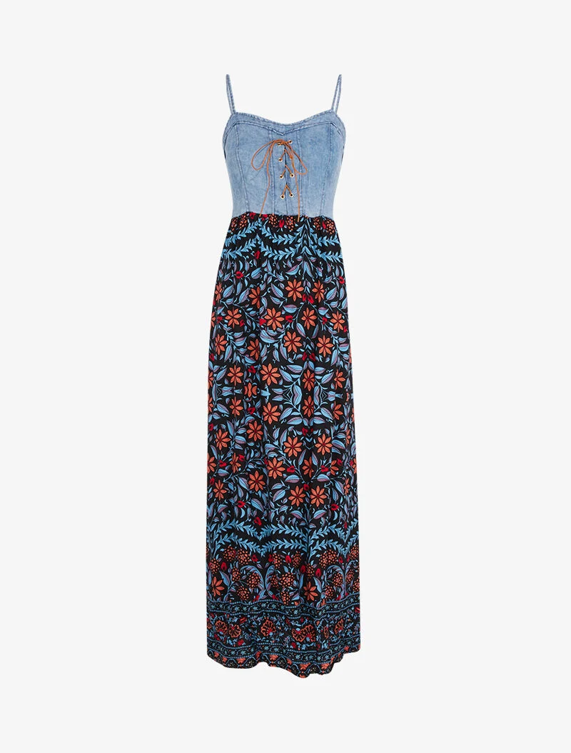 Kleid mit Jeans-Effekt-Oberteil und Prints - schwarz