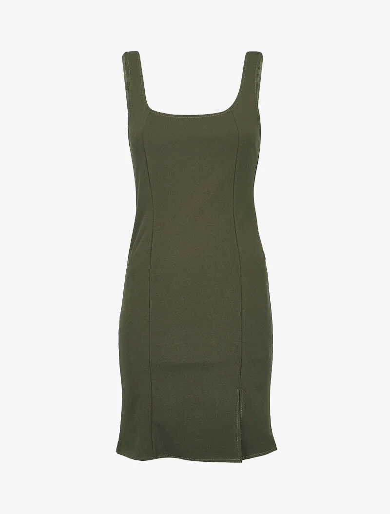 Einfaches Kleid mit Schlitzkante - Kaki