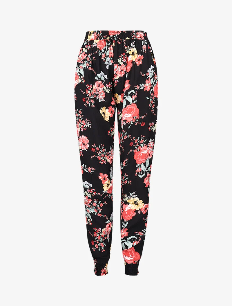 Fließende Hose mit Blumenmuster. - schwarz