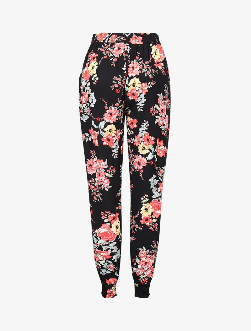 Fließende Hose mit Blumenmuster. - schwarz