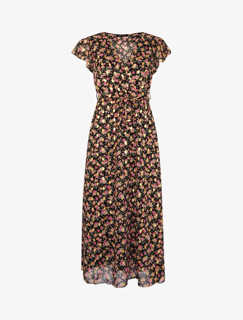 Kleid mit durchbrochenen Ärmelaufschlägen und Druckmuster - schwarz
