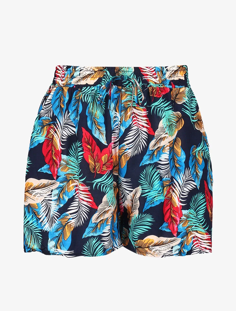 Kurz fließende Shorts mit buntem Blattmuster. - Marine